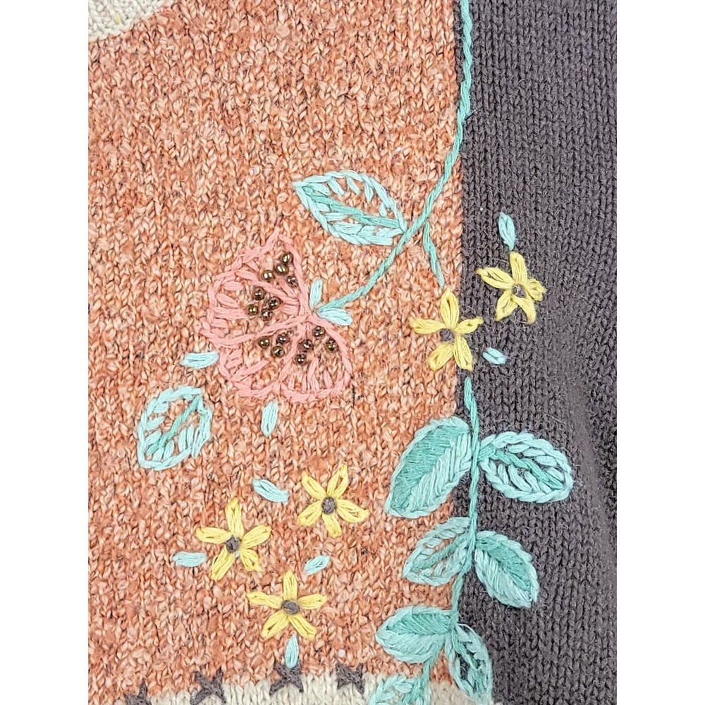 Cottagecore Patchwork Cardigan Embroidered Floral Beaded Boho Knit Sweater XL - Picture 6 of 8